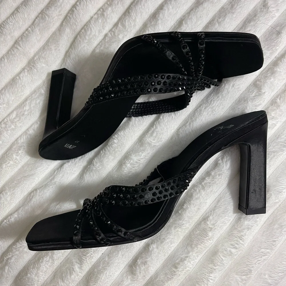 Zara Black Satin Effect Rhinestone Heeled Sandals - Picture 4 of 7